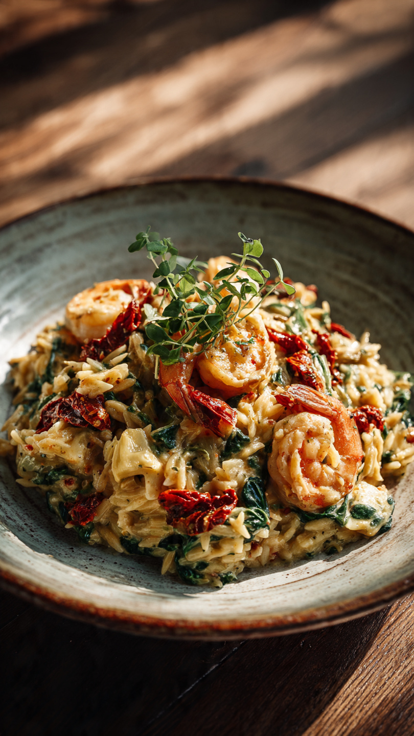 Creamy Tuscan Shrimp Orzo with Spinach, Sun-Dried Tomatoes, and Artichokes