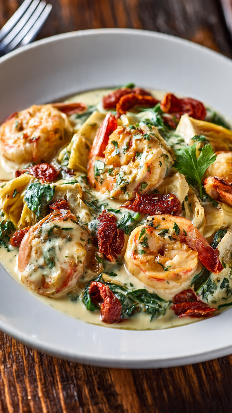 Tuscan Shrimp with Spinach, Artichokes, and Sun-Dried Tomatoes